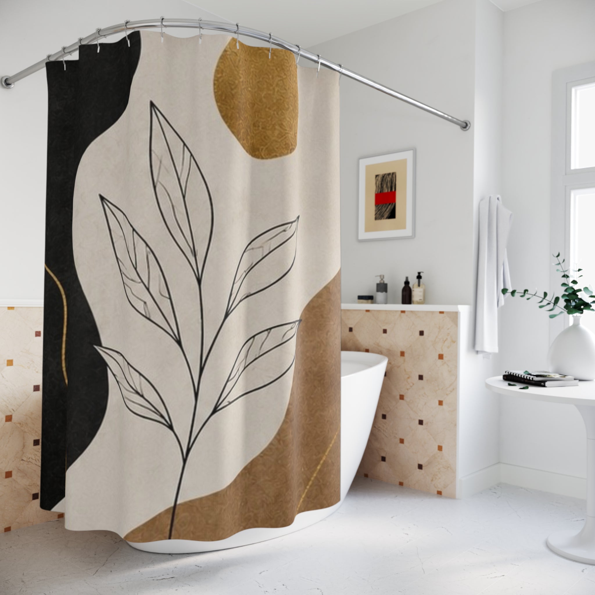 Minimal Leaf Line Art Shower Curtain | Neutral Abstract Botanical