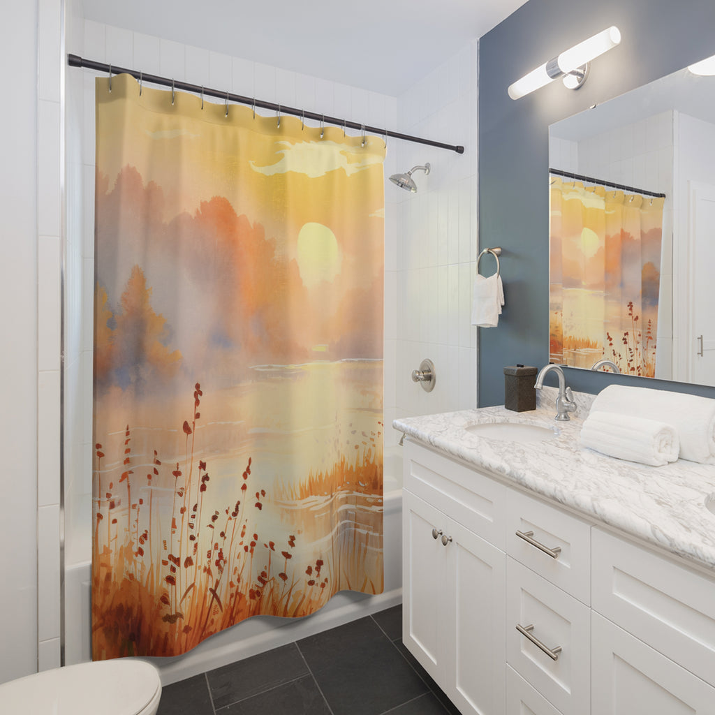 Sunrise Marsh Landscape Shower Curtain | Soft Orange Watercolor Scene