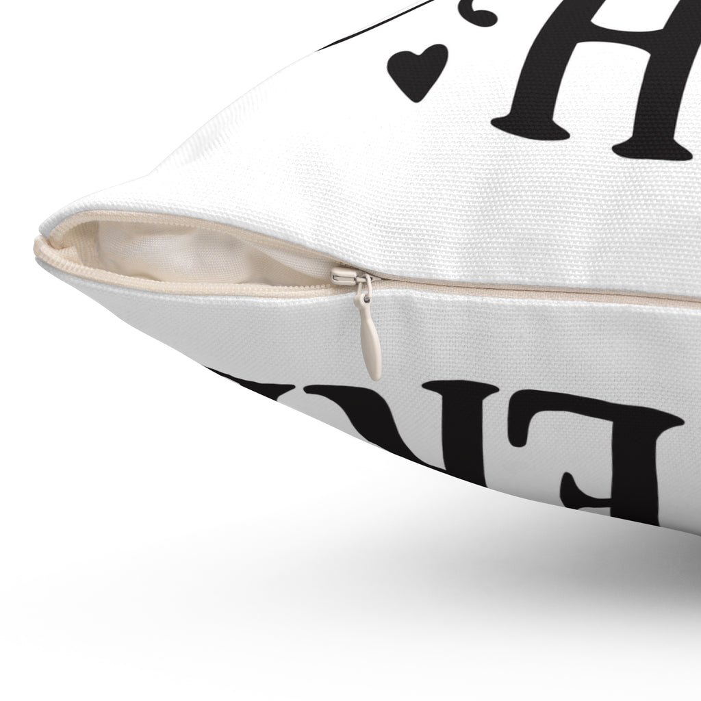Chill Here pillow | Script typography, black hearts, decorative throw pillow