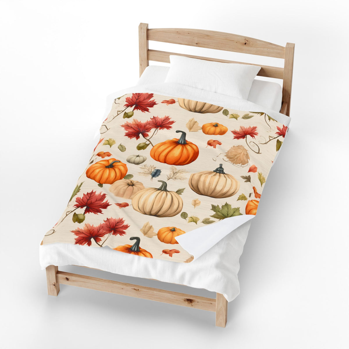 Autumn Pumpkins and Maple Leaves Velveteen Plush Blanket | Fall Harvest Throw