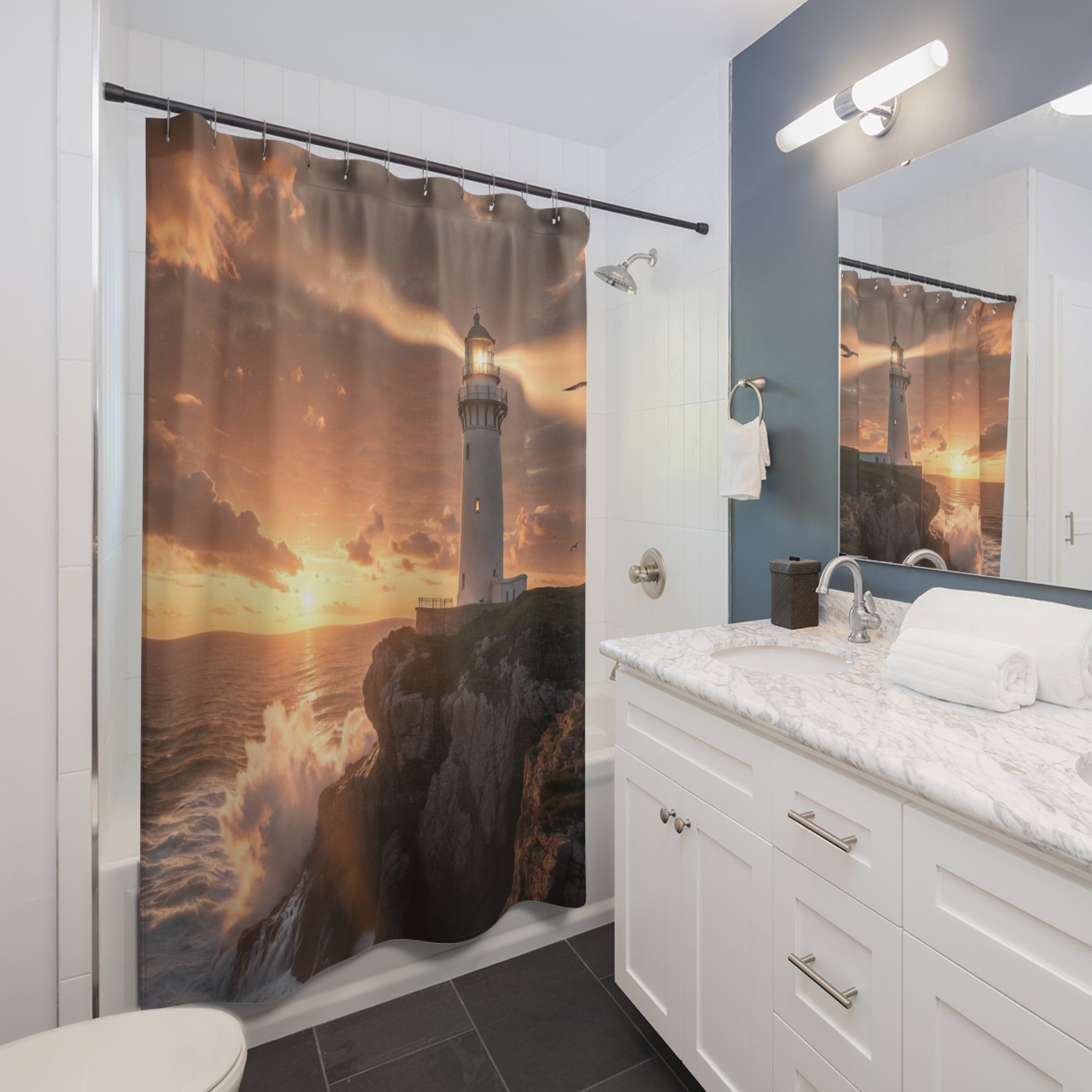 Lighthouse Sunset Shower Curtain | Coastal Ocean Waves Nautical