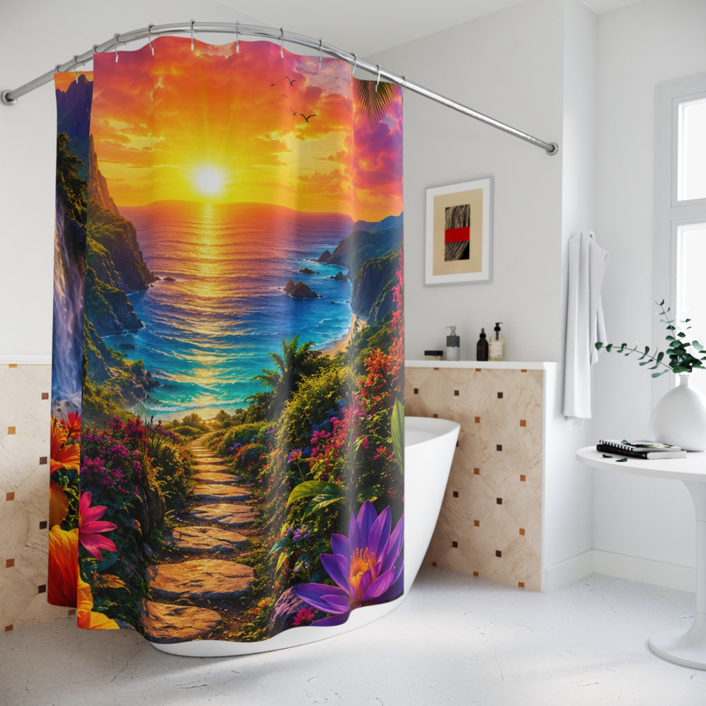 Tropical Sunset Beach Path Shower Curtain | Ocean Sunrise Landscape