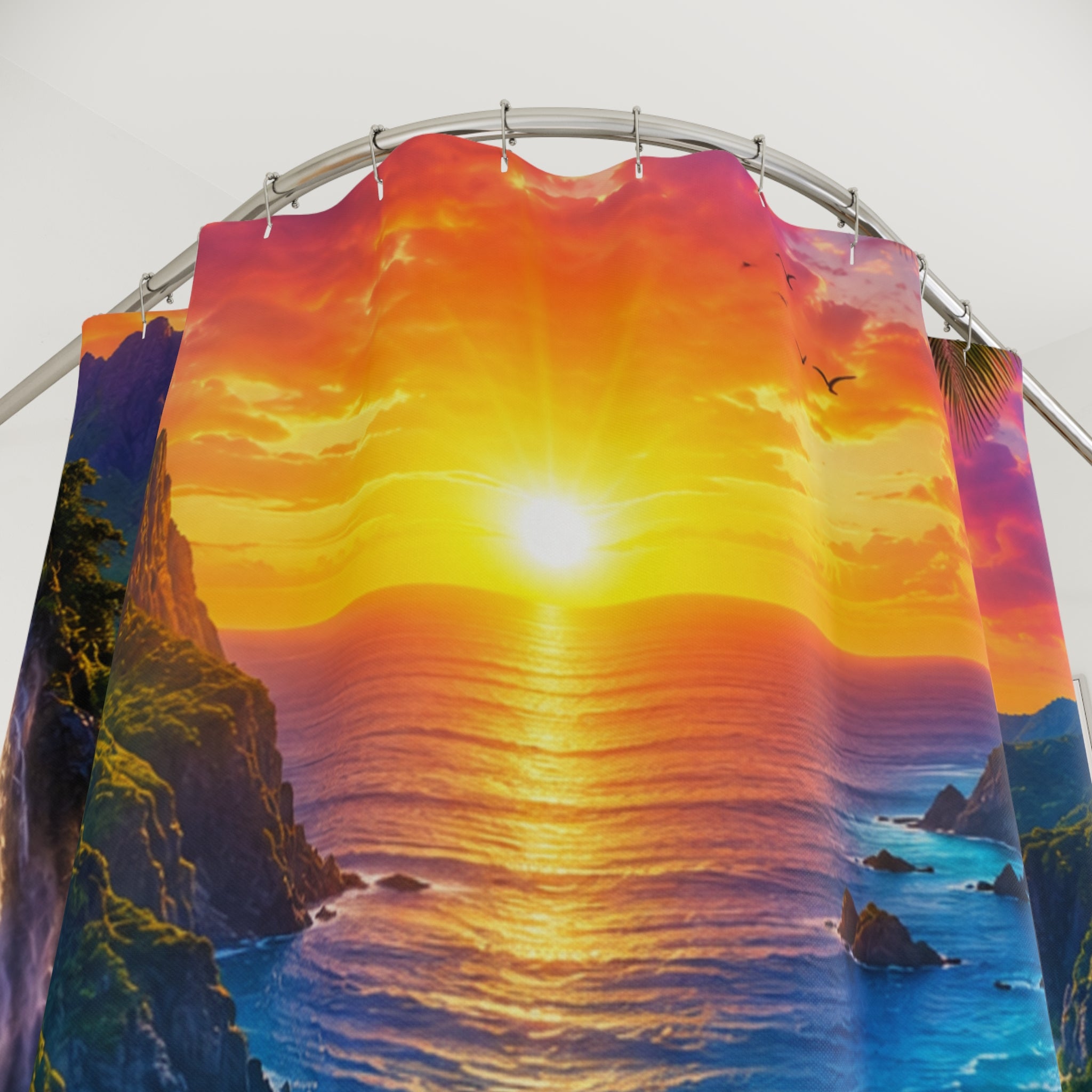 Tropical Sunset Beach Path Shower Curtain | Ocean Sunrise Landscape