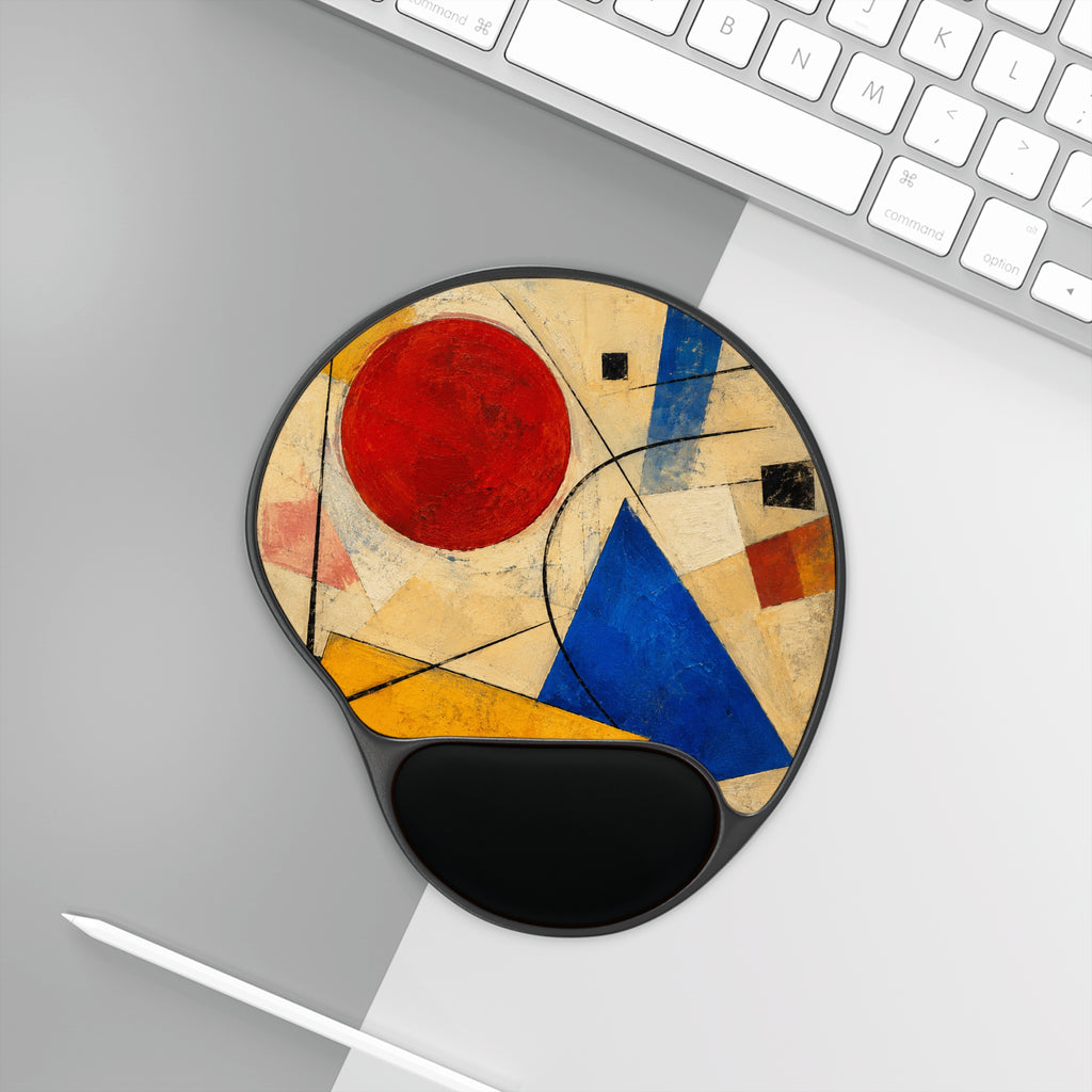 Abstract Geometric Art Mouse Pad with Wrist Rest | Modern Red Circle Blue Triangle