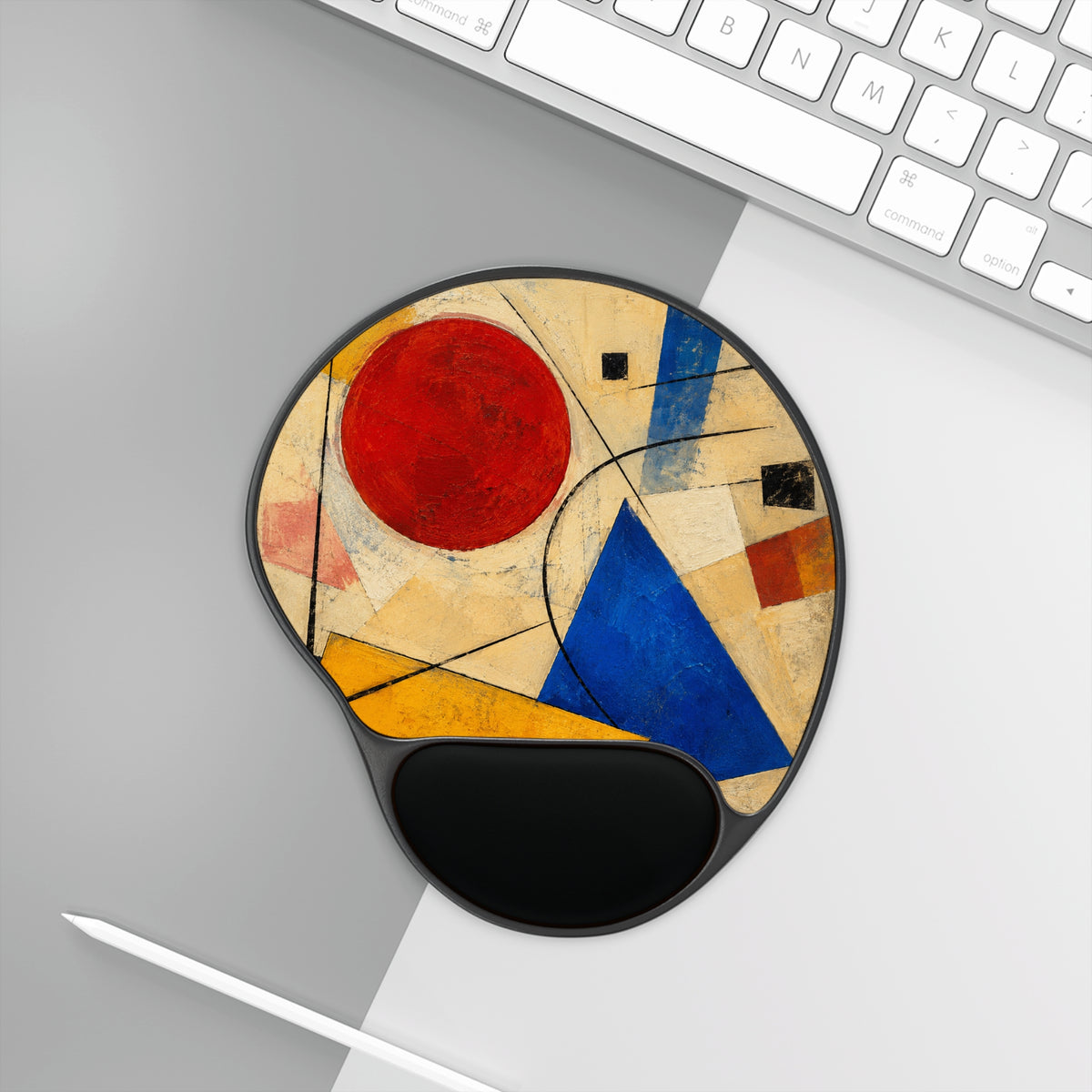 Abstract Geometric Art Mouse Pad with Wrist Rest | Modern Red Circle Blue Triangle