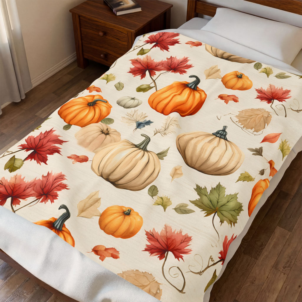 Autumn Pumpkins and Maple Leaves Velveteen Plush Blanket | Fall Harvest Throw