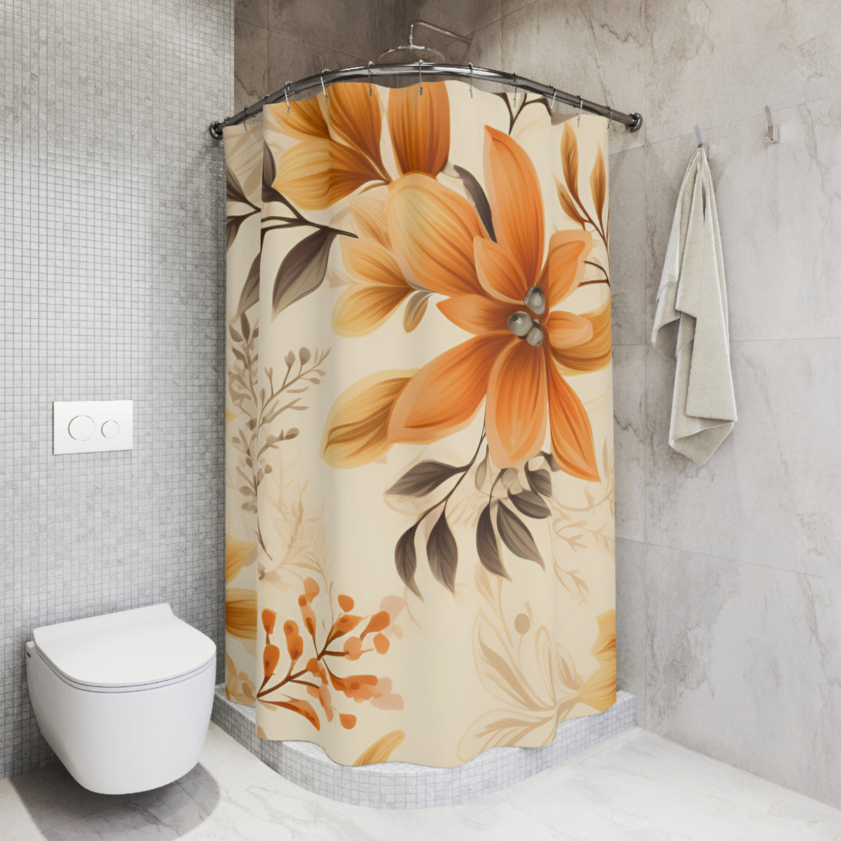 Orange Floral Pattern Shower Curtain | Botanical Bathroom Decor