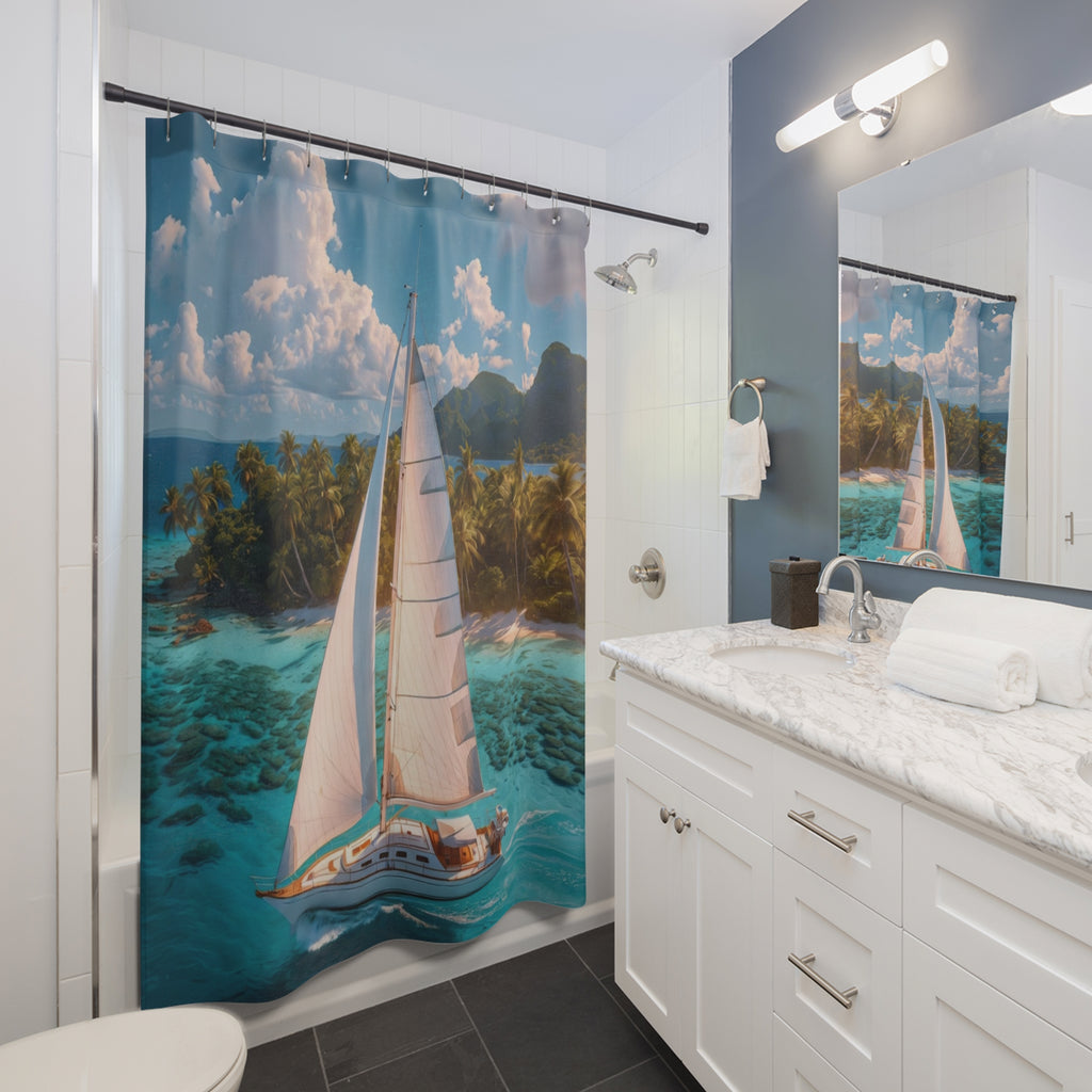 Sailboat Tropical Island Shower Curtain | Ocean Nautical Bathroom Decor