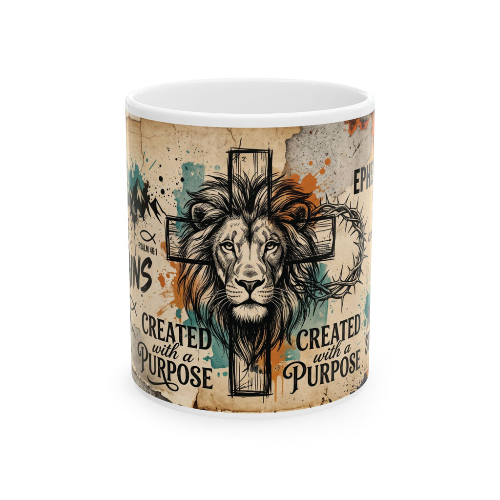 Lion and Cross Faith Illustration Mug | Created with Purpose Christian Scripture