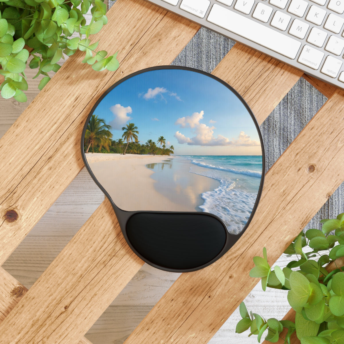 Tropical Beach Scene Mouse Pad with Wrist Rest | Palm Trees Ocean Shore