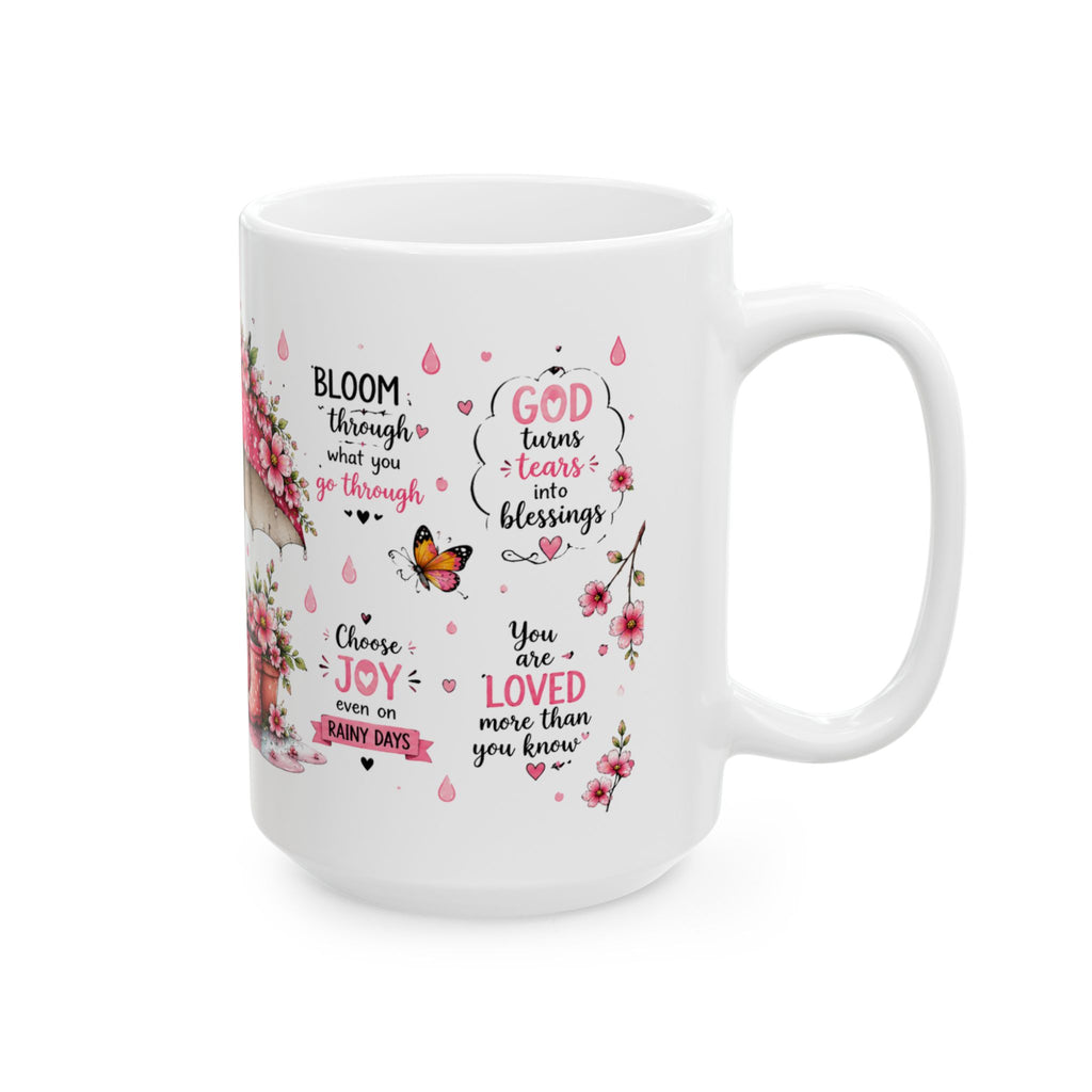 Cute Duck with Pink Umbrella Mug | Floral Rain Boots, Pastel Spring Design