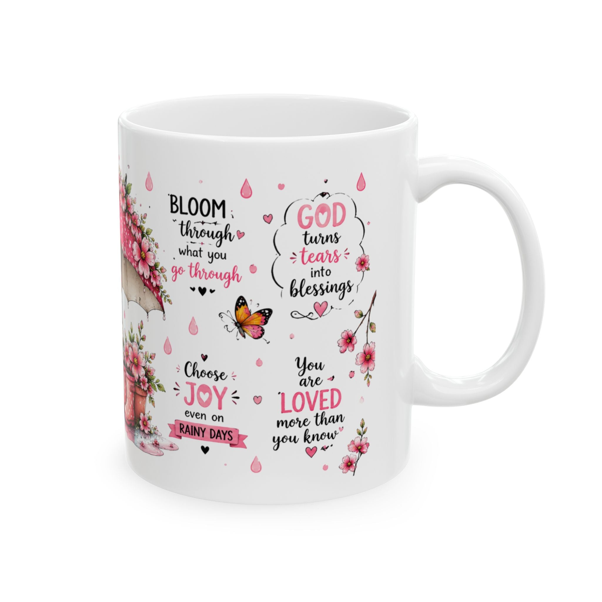 Cute Duck with Pink Umbrella Mug | Floral Rain Boots, Pastel Spring Design