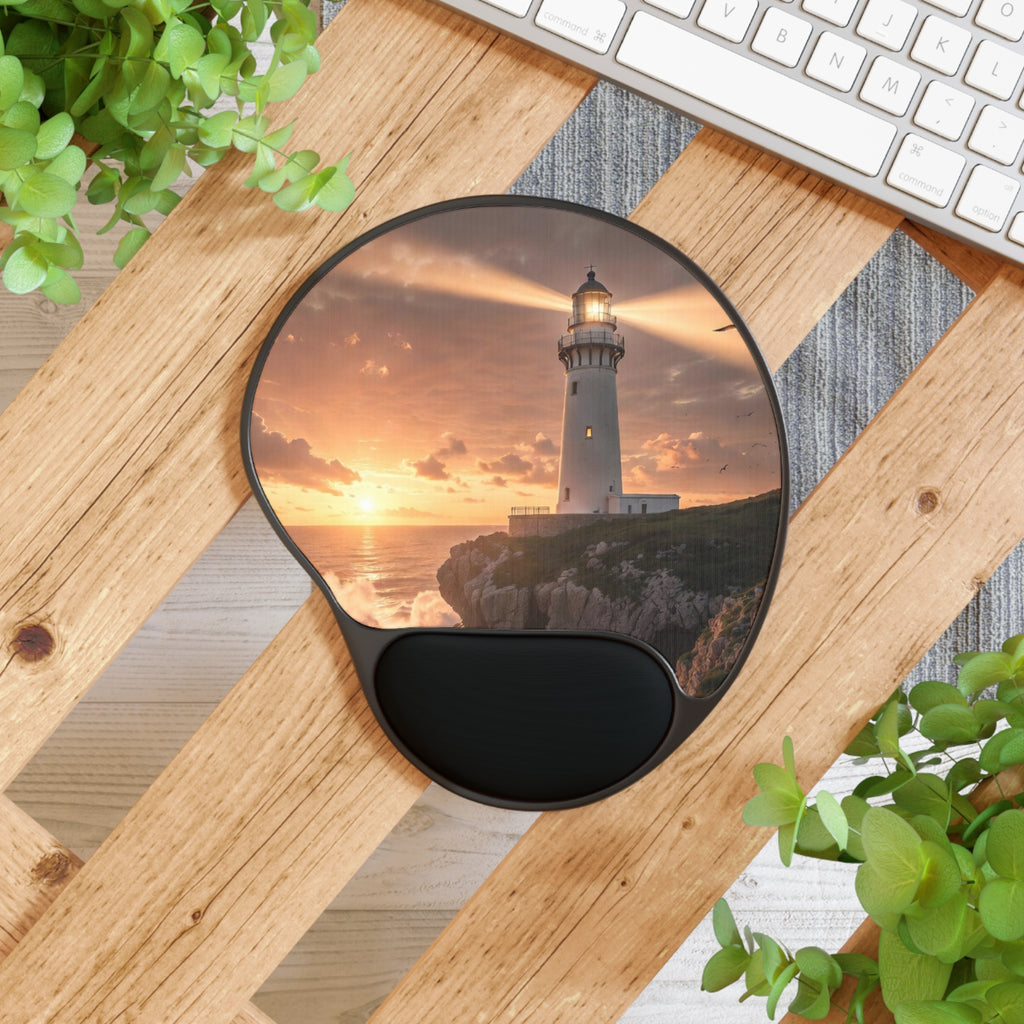 Lighthouse Sunset Mouse Pad with Wrist Rest | Coastal Ocean Desk Mat