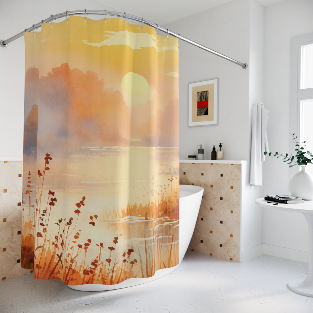 Sunrise Marsh Landscape Shower Curtain | Soft Orange Watercolor Scene