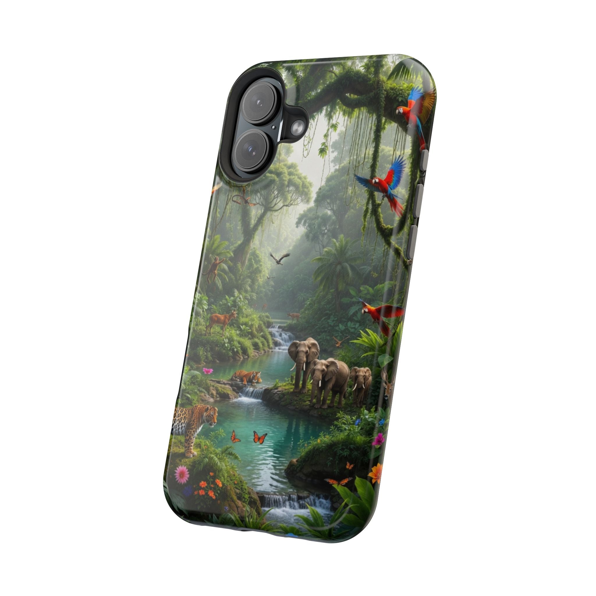 Tropical Jungle Phone Case — Magnetic Impact-Resistant with Parrots & Elephants