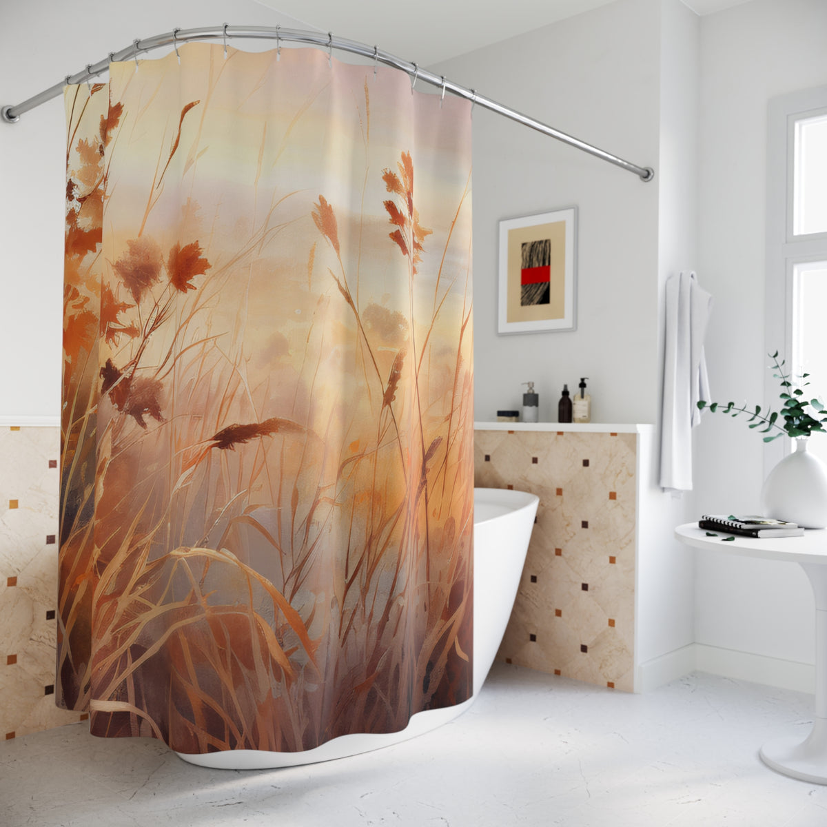 Golden Prairie Grasses Shower Curtain | Meadow Floral Bathroom Decor