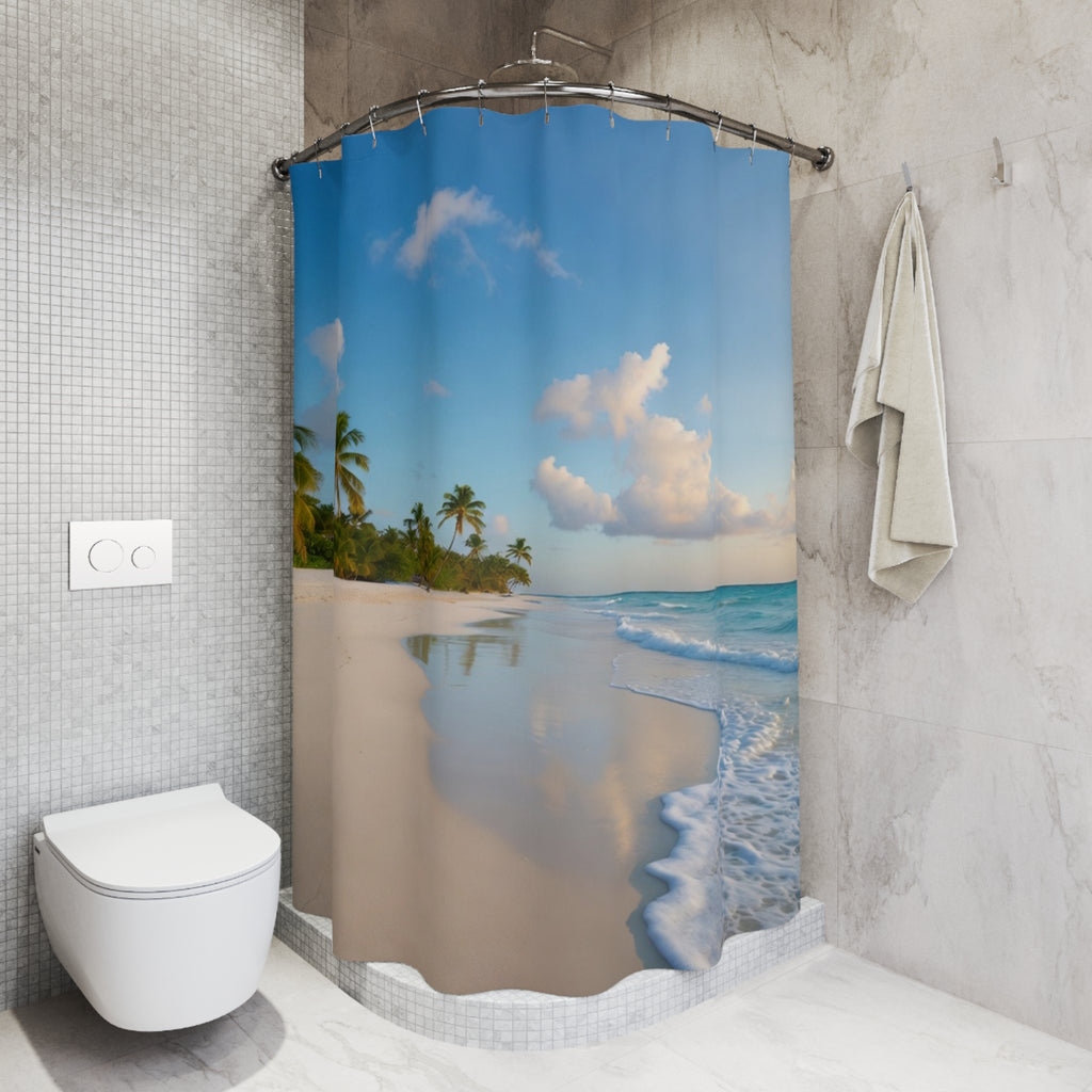 Tropical Beach Scene Shower Curtain | Palm Trees, Sandy Shore, Blue Sky