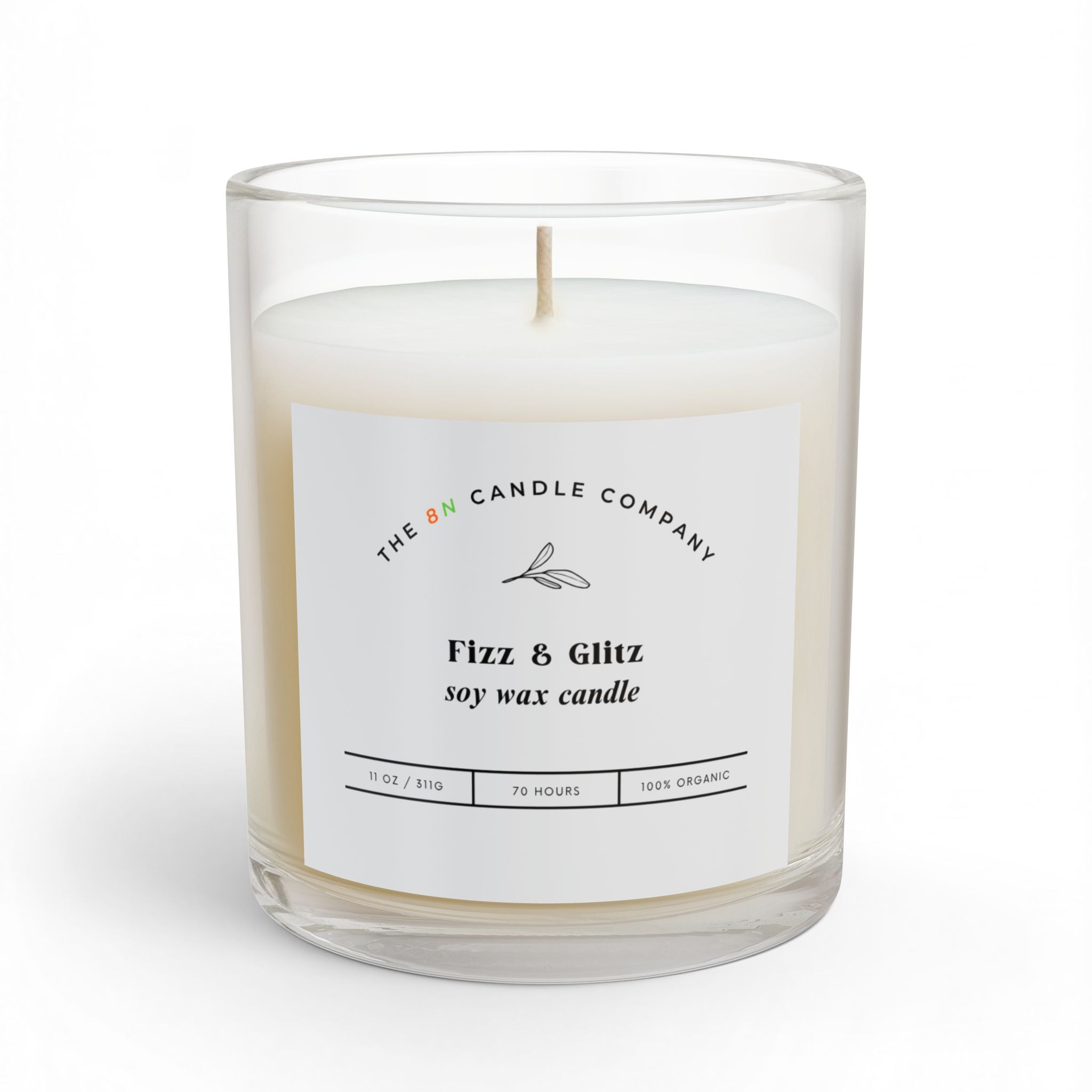 Fizz & Glitz Soy Candle, Glass Candle 11oz | Clean Minimal Label