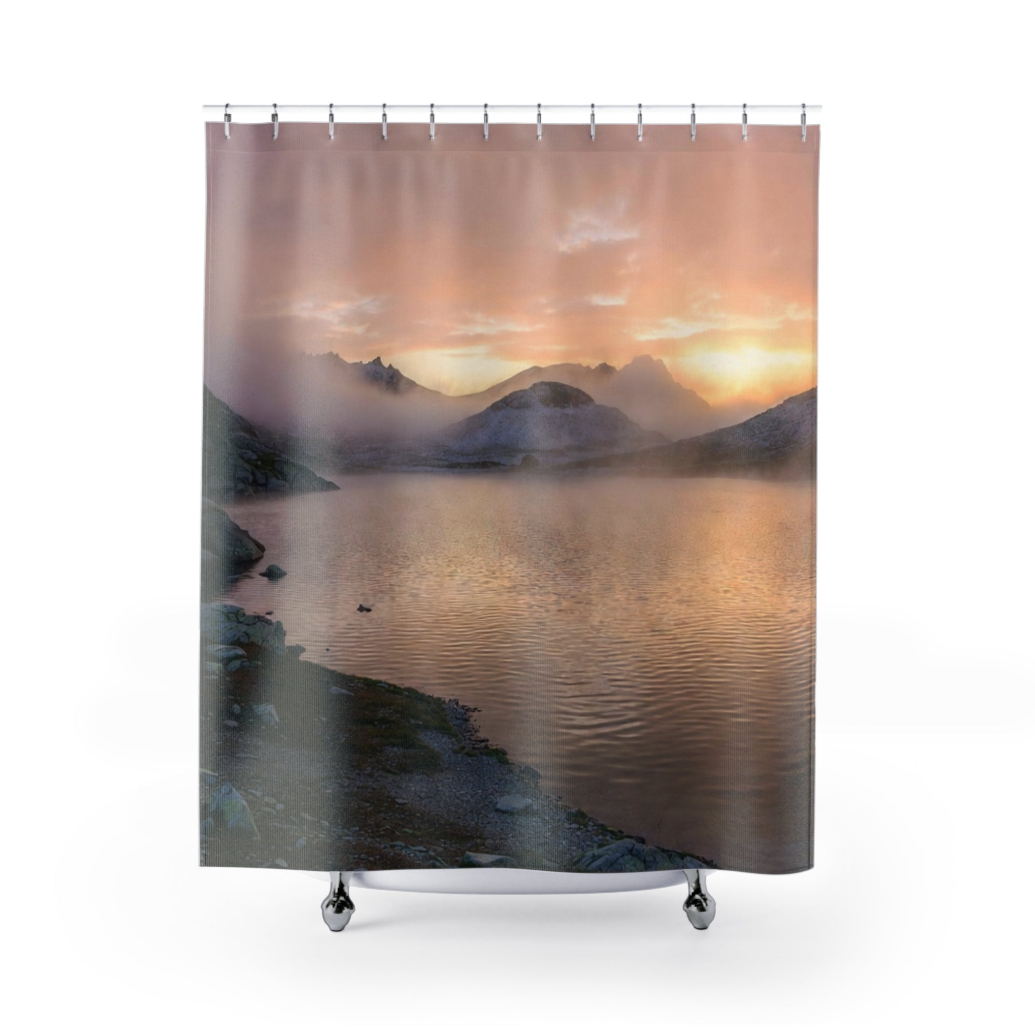 Sunset Mountain Lake Shower Curtain | Misty Landscape Bathroom Decor
