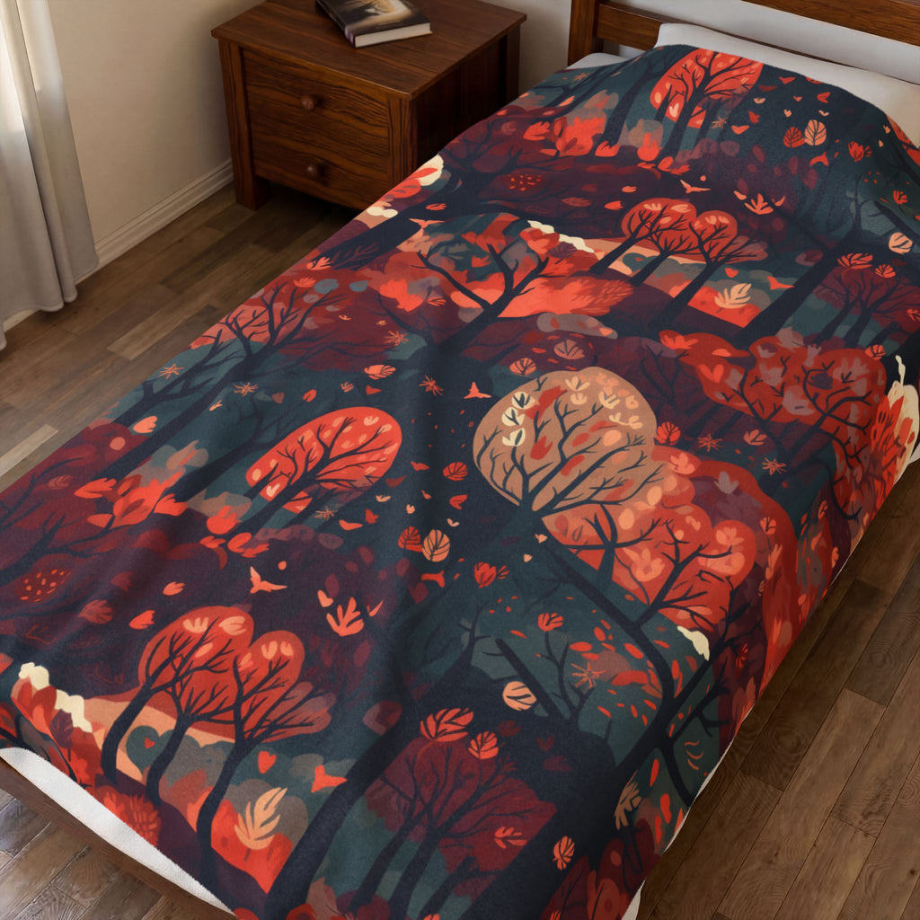 Autumn Forest Moon Velveteen Plush Blanket | Fall Trees Pattern