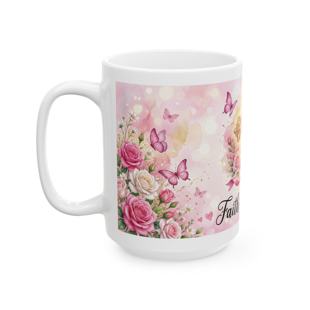 Faith Over Fear cross ribbon floral mug | Ceramic Coffee Mug