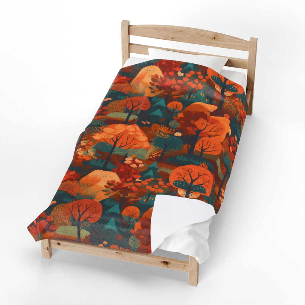Autumn Forest Pattern Velveteen Plush Blanket | Fall Trees, Orange Teal Woodland