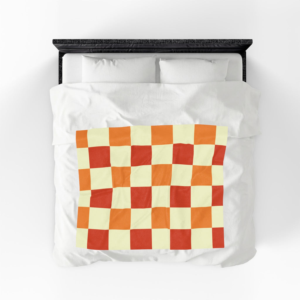 Orange Checkerboard Velveteen Plush Blanket | Retro Plaid Throw