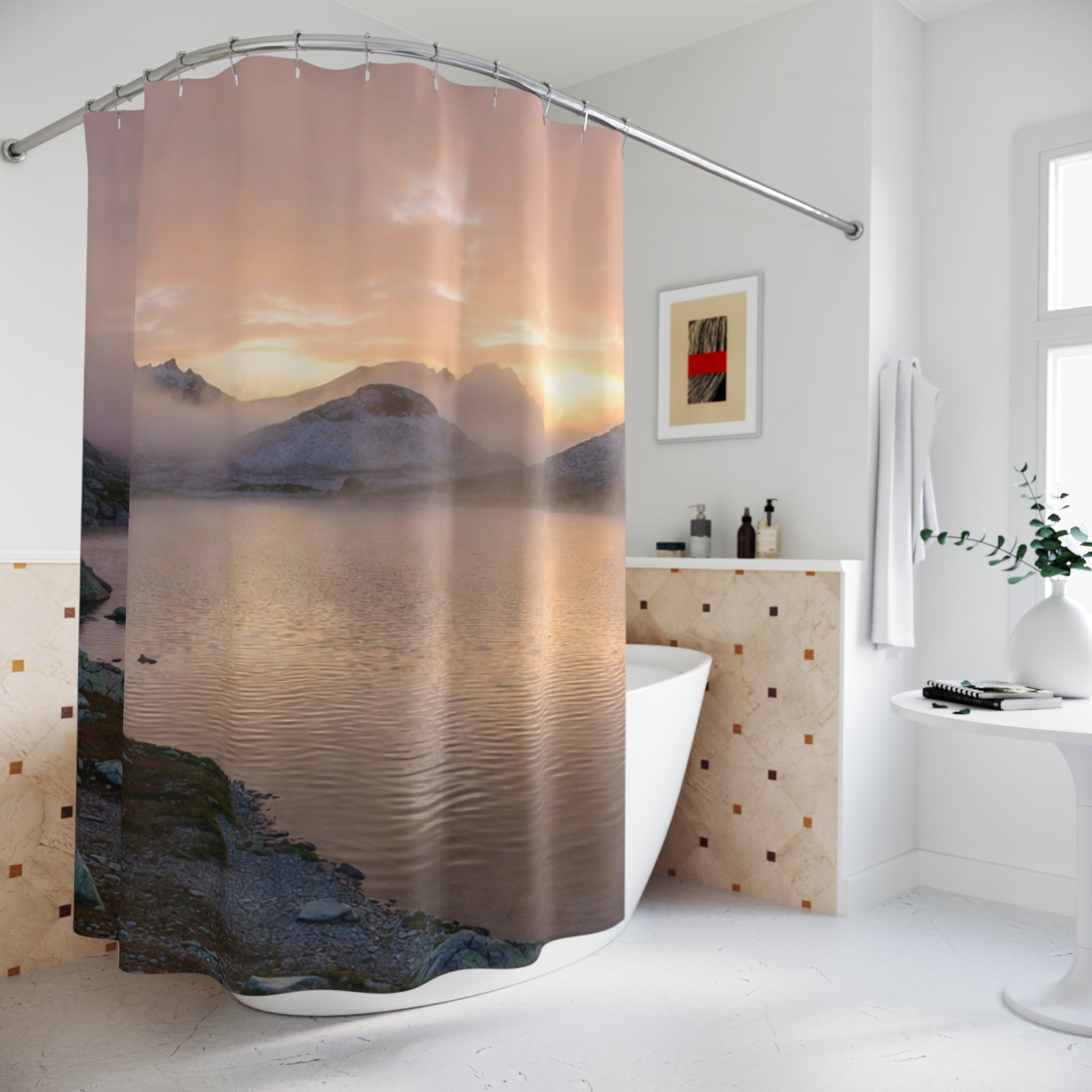 Sunset Mountain Lake Shower Curtain | Misty Landscape Bathroom Decor