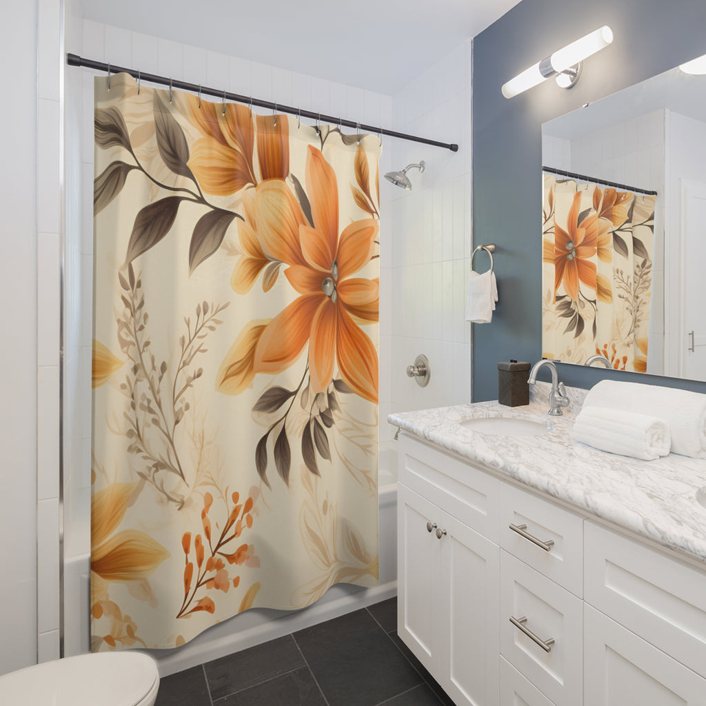 Orange Floral Pattern Shower Curtain | Botanical Bathroom Decor