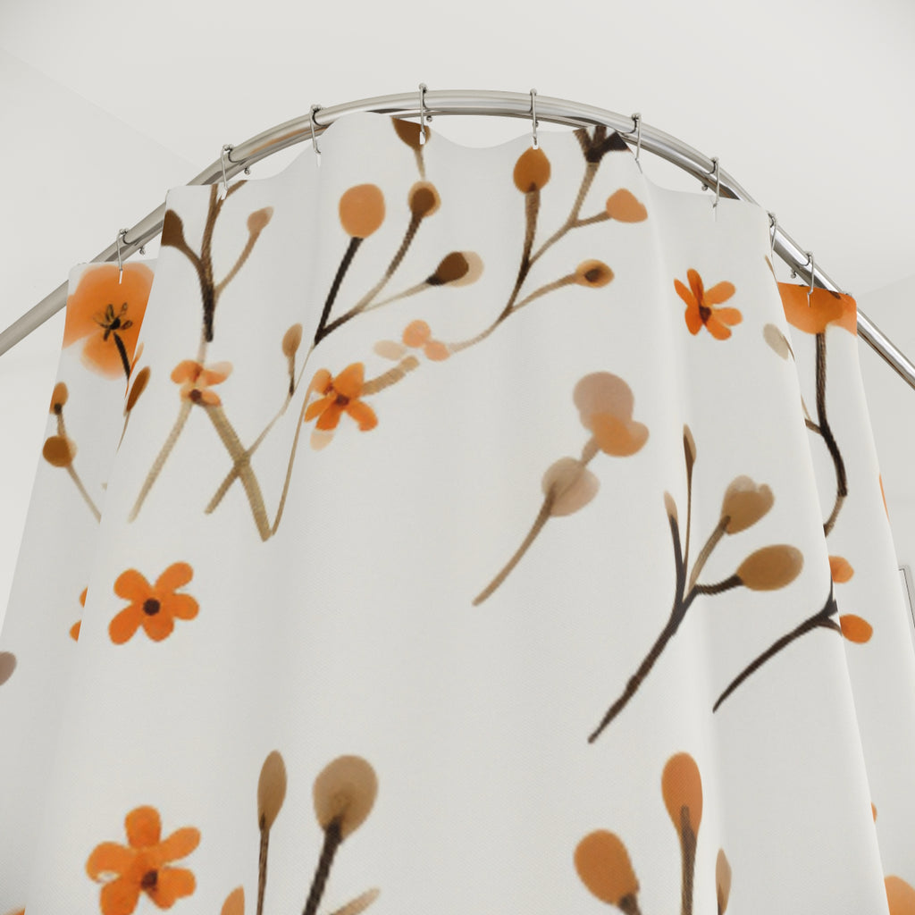 Orange Floral Pattern Shower Curtain | Minimal Botanical Sprigs