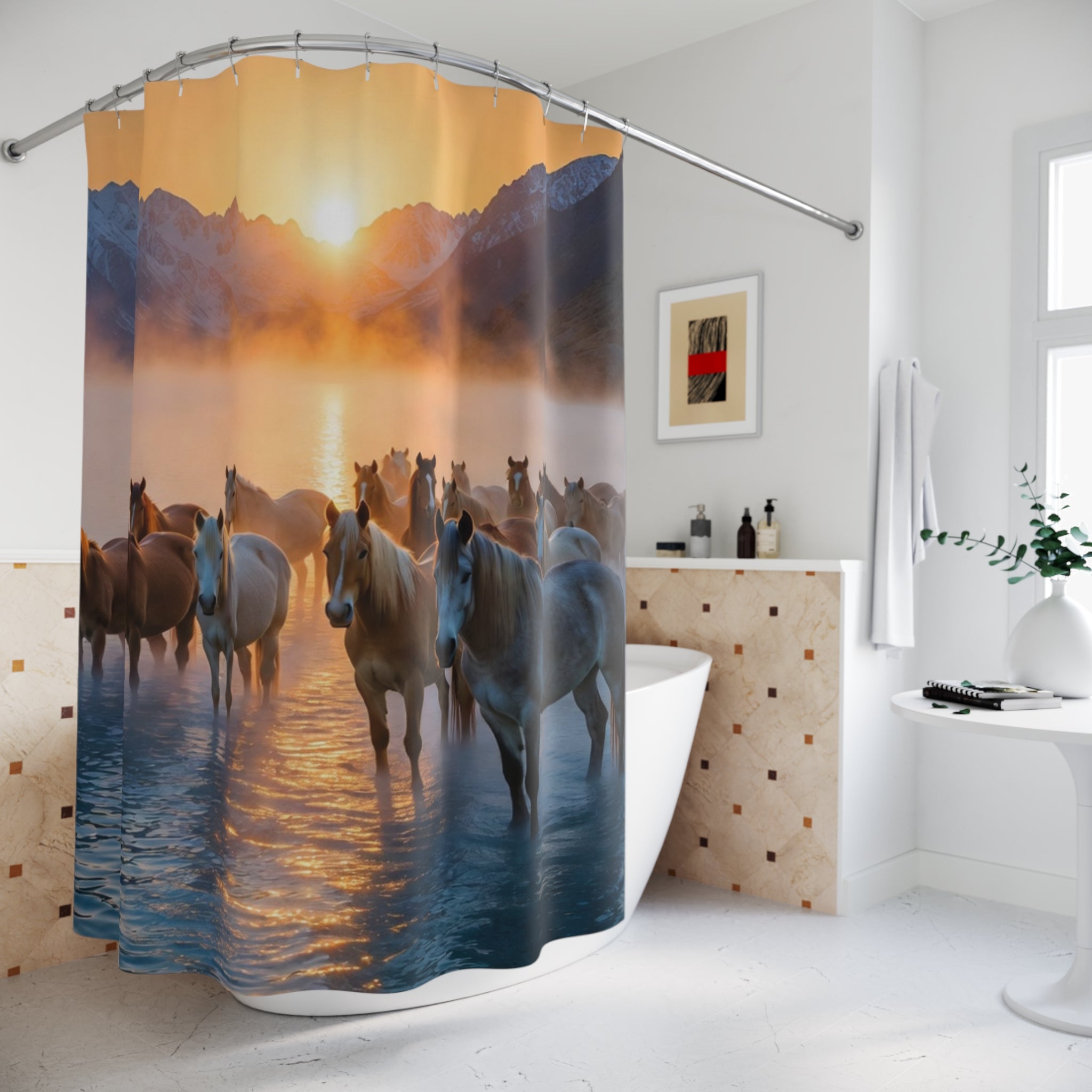 Wild Horses at Sunrise Shower Curtain | Mountain Mist, Lake Scene