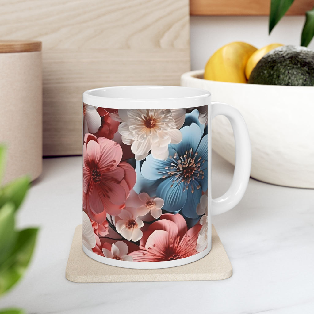 Floral Ceramic Mug – Blue & Coral 3D Blossom Coffee Cup (11oz/15oz)