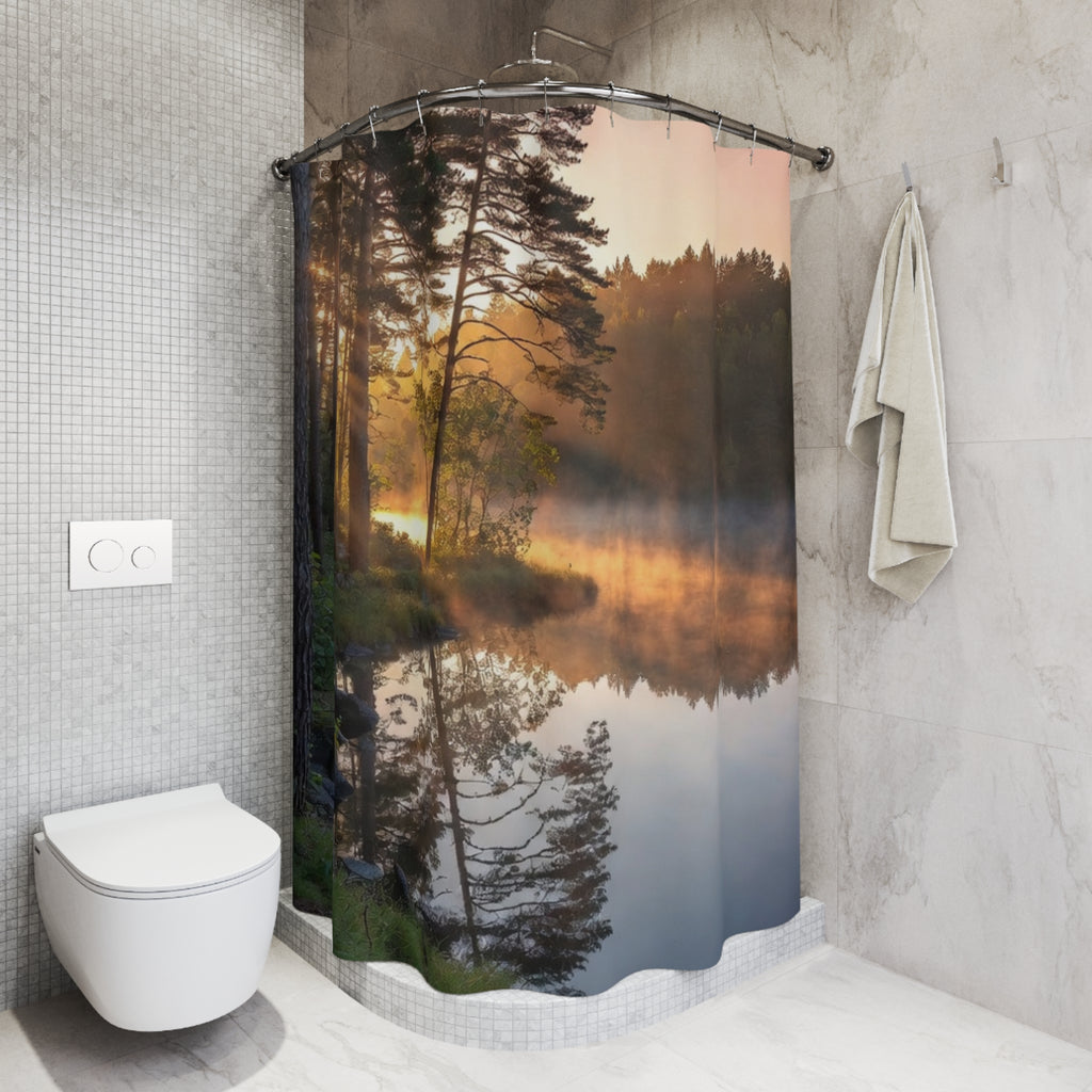 Misty Forest Sunrise Shower Curtain | Lake Reflection, Woodland Landscape