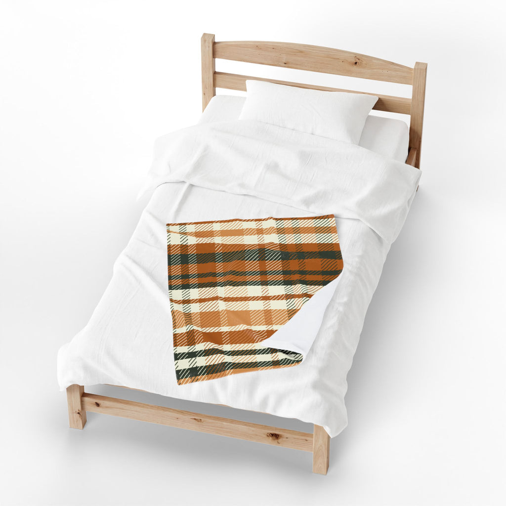 Autumn Plaid Velveteen Plush Blanket | Orange Green Buffalo Check