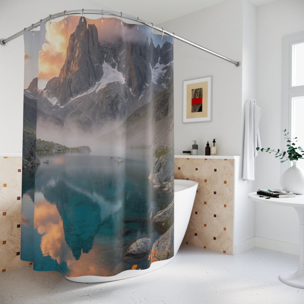 Misty Mountain Lake Shower Curtain | Scenic Alpine Landscape