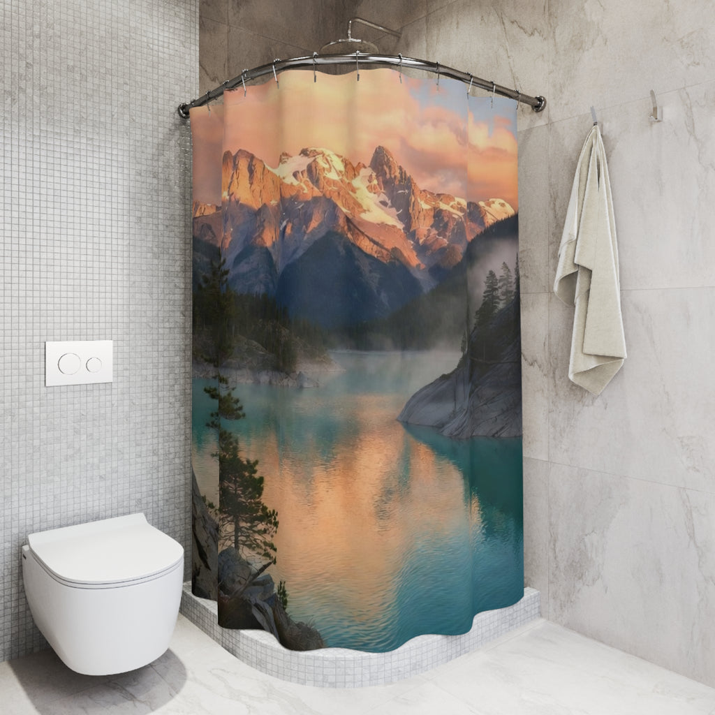 Sunset Mountain Lake Shower Curtain | Scenic Landscape, Forest Reflection