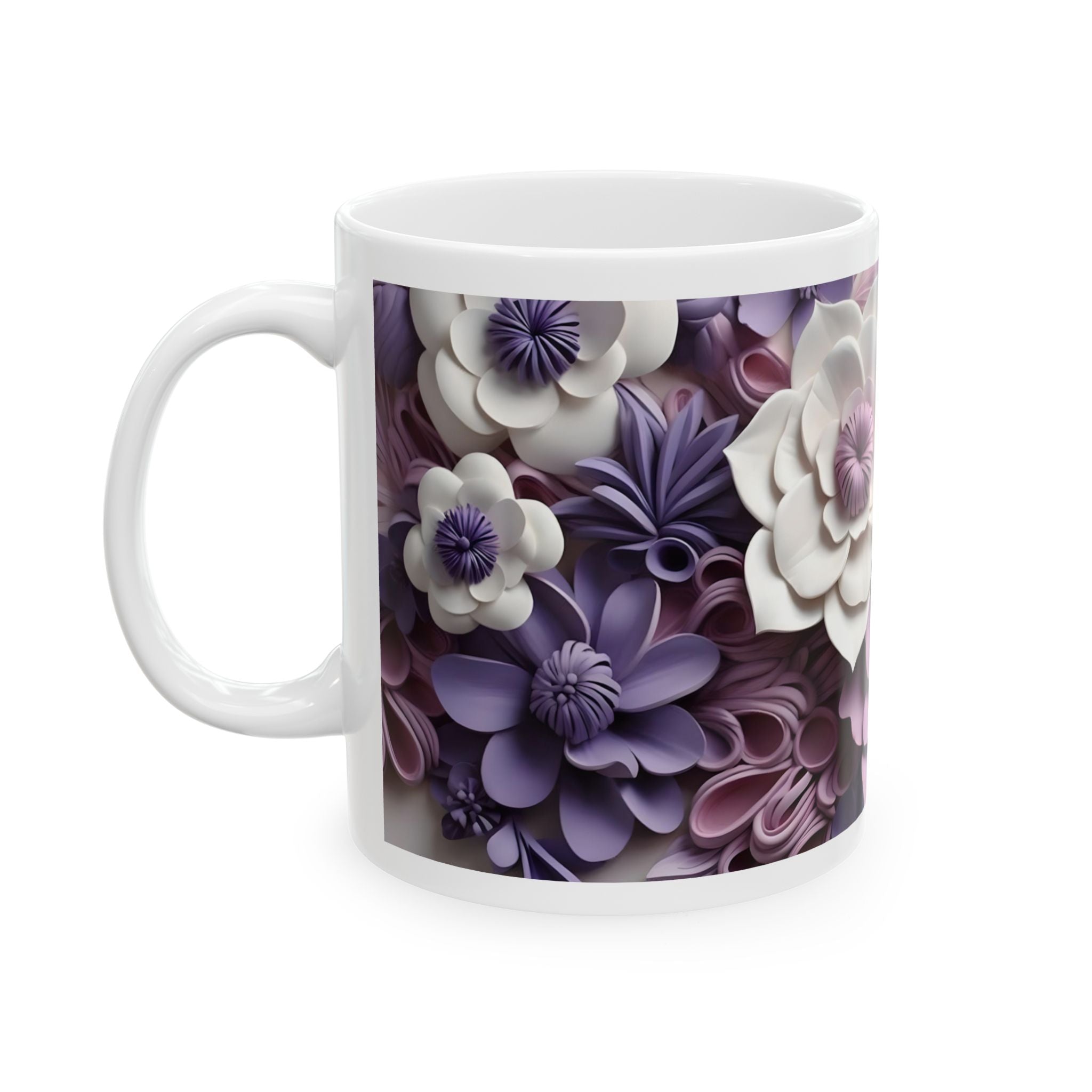 Floral Paper Art Ceramic Mug – 11oz & 15oz Purple Blossom Design