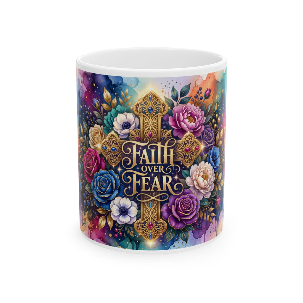 Faith Over Fear cross floral design Mug | Christian inspirational ceramic mug
