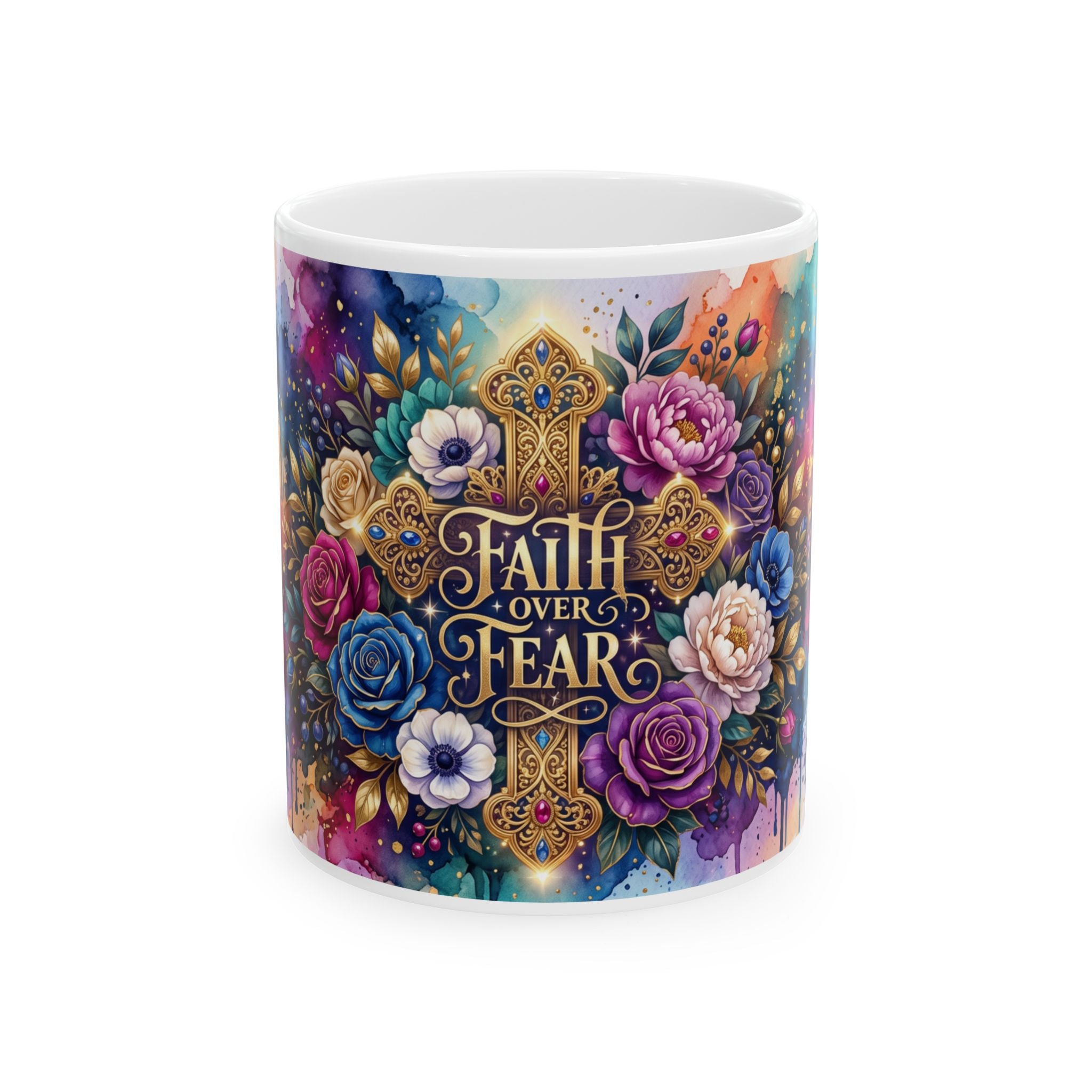 Faith Over Fear cross floral design Mug | Christian inspirational ceramic mug