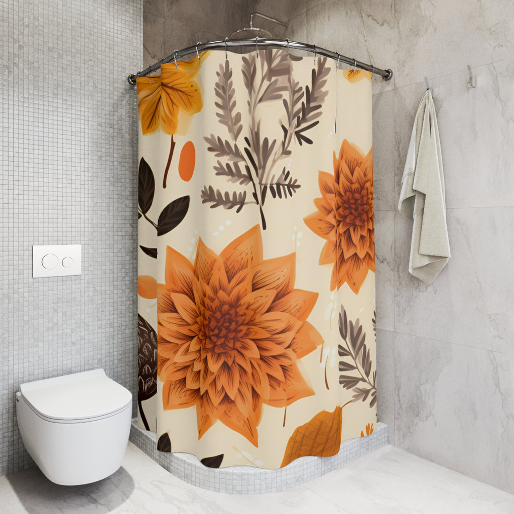 Autumn Dahlia Floral Shower Curtain | Orange Fall Flowers Bathroom Decor