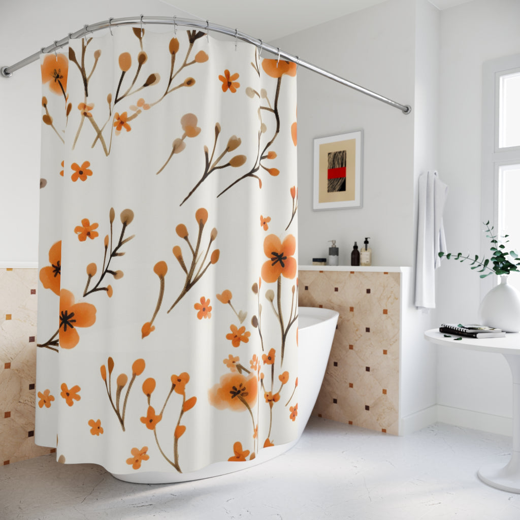 Orange Floral Pattern Shower Curtain | Minimal Botanical Sprigs