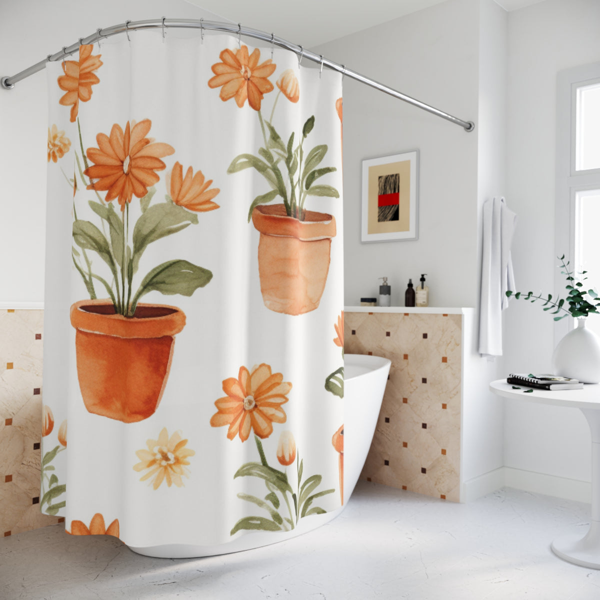 Orange Potted Daisies Shower Curtain | Botanical Floral Bathroom Decor