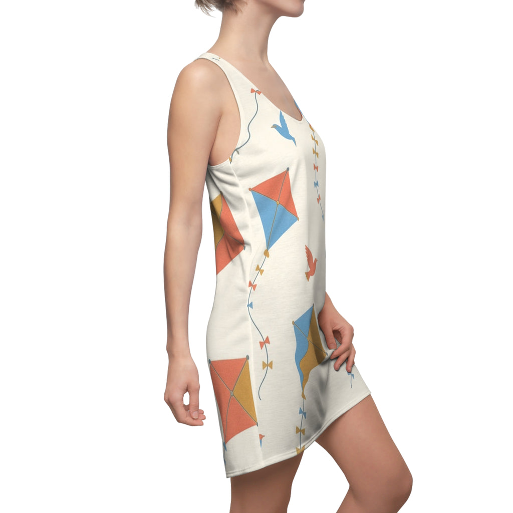 Kite Flight Pattern Dress | Colorful Kites and Birds Racerback Dress