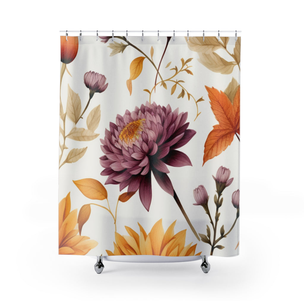 Autumn Floral Chrysanthemum Shower Curtain | Fall Botanical Bathroom Decor