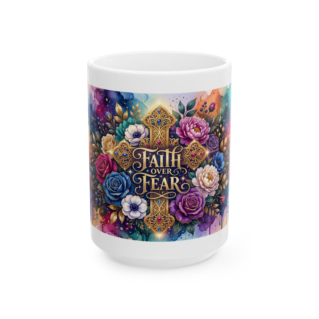 Faith Over Fear Floral Cross Mug | Ceramic Inspirational Coffee Cup