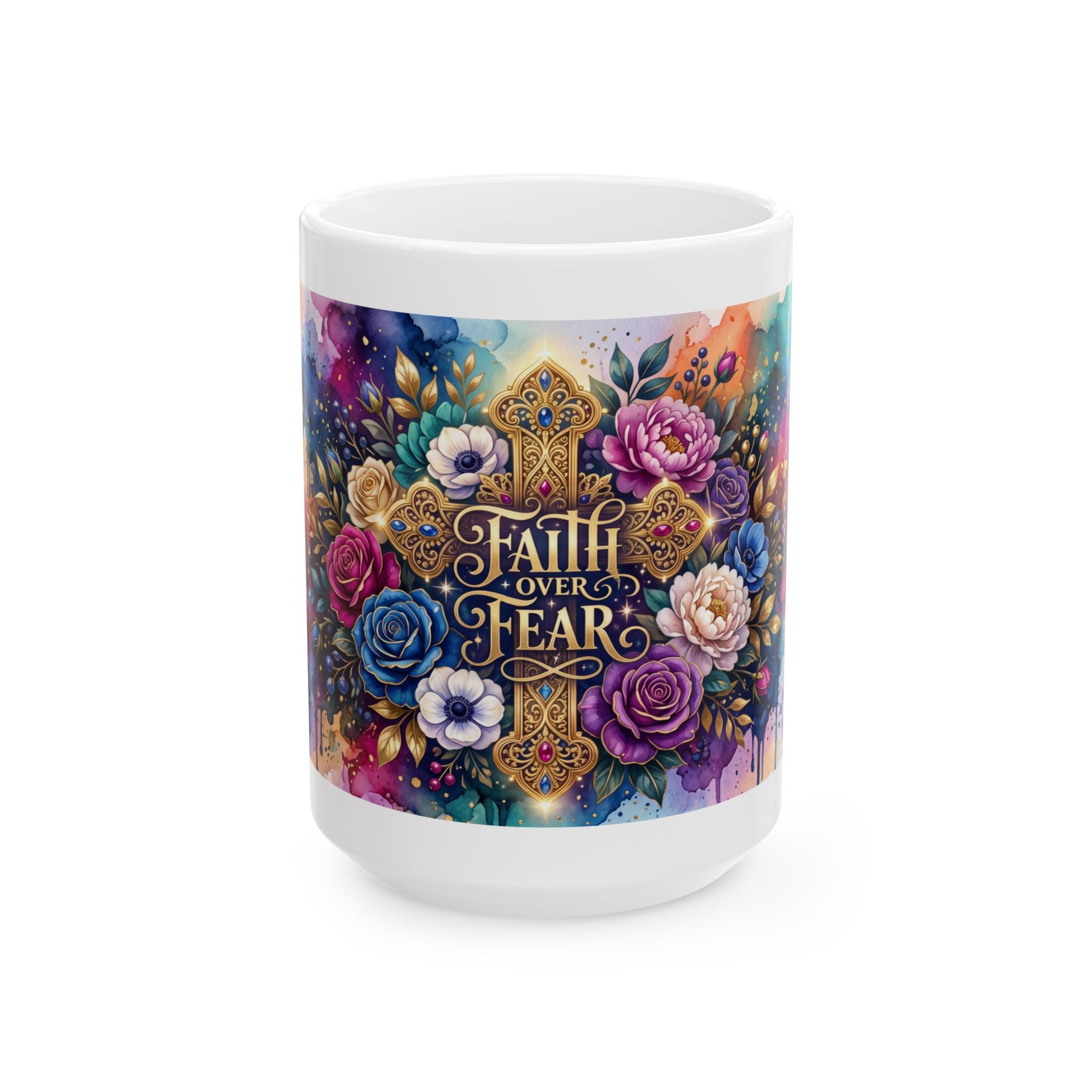 Faith Over Fear Floral Cross Mug | Ceramic Inspirational Coffee Cup