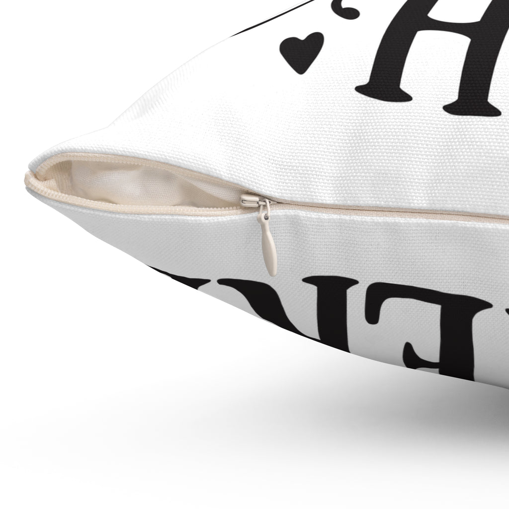 Chill Here pillow | Script typography, black hearts, decorative throw pillow