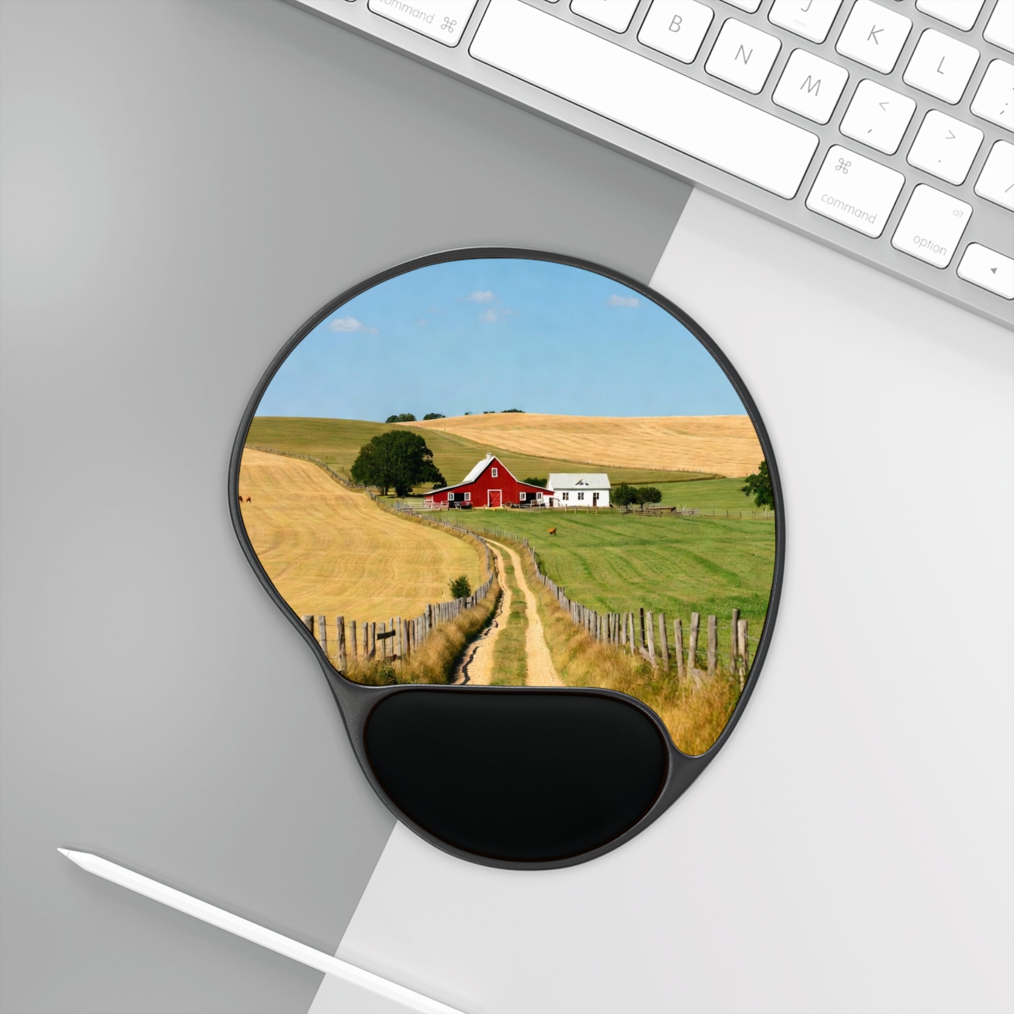Country Farm Landscape Mouse Pad with Wrist Rest | Red Barn Field Scene