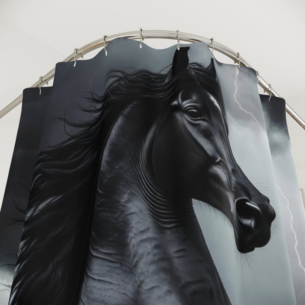 Rearing Black Horse Shower Curtain | Storm Lightning Bathroom Decor