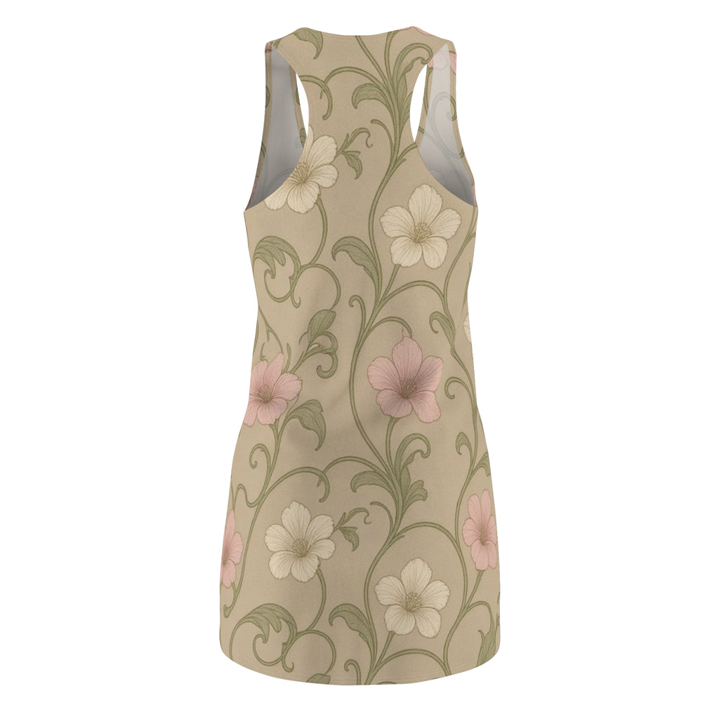 Vintage Floral Vine Racerback Dress | Beige Pink Flower Pattern
